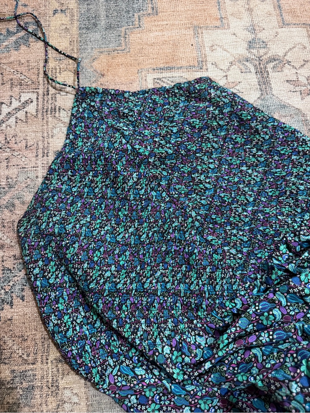 J. Crew Teal, Purple & Black Floral Smocked Maxi Dress